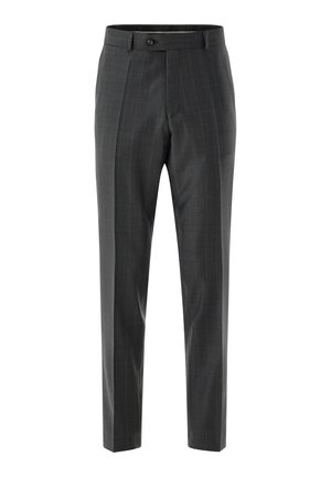 Dunkelgraue formelle Hose mit feinem Karomuster, Gürtelschlaufen, vorne Knopfverschluss und seitlichen Taschen, vor weißem Hintergrund präsentiert.