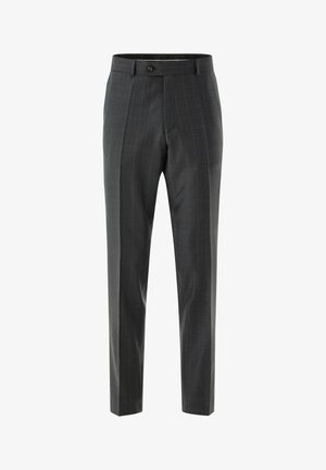 Dunkelgraue formelle Hose mit feinem Karomuster, Gürtelschlaufen, vorne Knopfverschluss und seitlichen Taschen, vor weißem Hintergrund präsentiert.