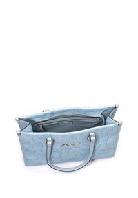 Borsa a tote di colore azzurro realizzata in materiale resistente, con tasca interna con zip, esterno con motivo, e doppi manici azzurri.