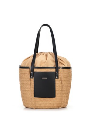Geweven rieten tas met een zwarte leren bodem en afwerking, met een trekkoord bovenkant en twee zwarte handvatten. Canvas voering in beige.