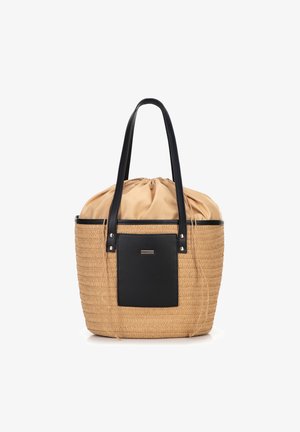 Borsa a tracolla in paglia intrecciata con base e dettagli in pelle nera, dotata di una parte superiore con coulisse e due manici neri. Fodera in tela beige.
