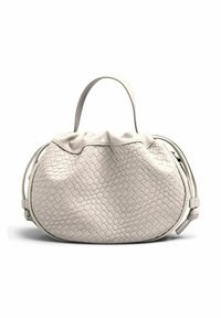 Kudottu nahkalaukku vaaleanbeigessä sävyssä, pyöreällä muodolla, yksittäisellä kahvalla ja poimutetulla yläosalla. PEhmeä pinta ja kompakti muotoilu.