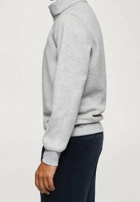 Sweat-shirt à fermeture éclair en molleton gris avec un col haut et des manches longues, doté de poignets et d'un ourlet côtelés, présenté de profil.