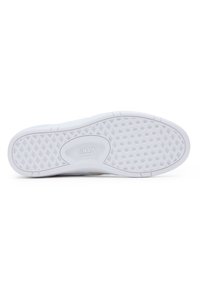 Sole di sneaker in gomma bianca con battistrada a motivo diamante e logo Vans. Presenta una superficie liscia e texturizzata e un tallone arrotondato.