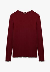 Burgundowy top z długim rękawem o struktury ribbed, z okrągłym dekoltem i falbaniastymi wykończeniami przy rękawach oraz dole. Miękki materiał.