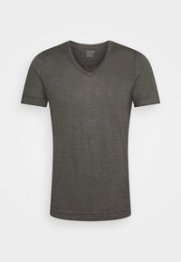 T-shirt corto grigio scuro con colletto a V. Realizzato in tessuto morbido, presenta un design semplice con una sottile texture su tutta la superficie.