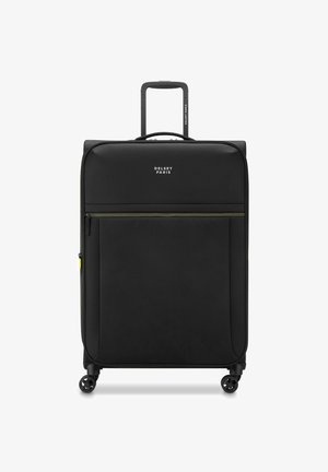 Valise noire Delsey Paris au design solide, avec une poignée rétractable, une poche frontale zippée et quatre roues roulantes. Présente des accents jaunes discrets.