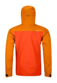 Orange and yellow waterproof jacket with a hood, featuring a contrasting red chest panel and black zipper pockets on the sides.