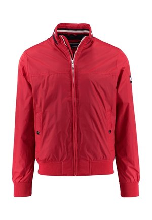 Veste légère rouge à fermeture éclair, poignets et bas côtelés, col montant avec doublure intérieure rayée, et poches latérales à boutons-pression.