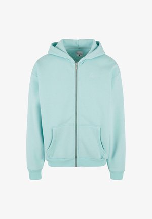 Lichtblauwe zip-up hoodie van zachte stof, met een voorzak, geribbelde manchetten en een klein geborduurd logo op de borst.