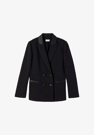 Blazer negro cruzado con solapa con muesca y detalles en satén. Presenta dos grandes botones y dos bolsillos laterales. Hecho de tela estructurada.