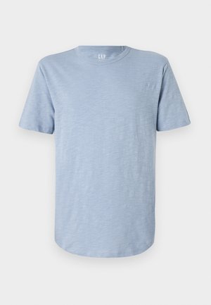 Light blue short-sleeve T-shirt made from soft fabric, featuring a crew neckline and a straight hem with a subtle texture.
