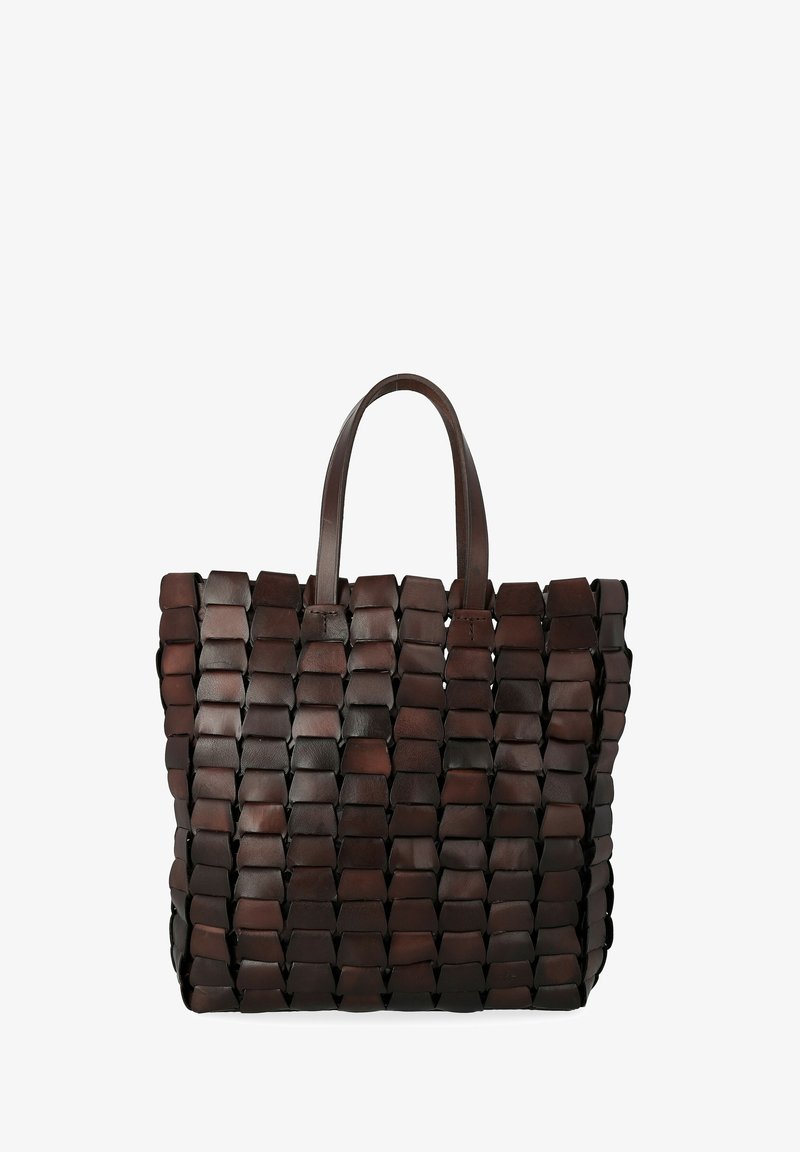 Borsa a tracolla in pelle marrone con design intrecciato, dotata di due manici robusti e una forma strutturata, che mette in risalto una superficie liscia e testurizzata.