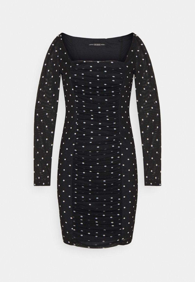 Robe noire à manches longues froncées avec des pois blancs, encolure carrée et silhouette ajustée.