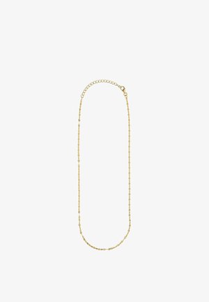 Collier chaîne en or avec des maillons délicats, présentant une légère variation de texture. Design simple avec une fermeture à fermoir de type langouste.