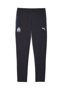 Pantaloni sportivi de marină cu croială conică, talie elastică, accente laterale și logo-uri pentru Marseille și Puma în alb și auriu.
