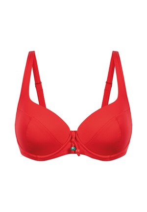Czerwony, teksturowany top bikini z regulowanymi ramiączkami i małymi dekoracyjnymi koralikami związanymi na środku z przodu.
