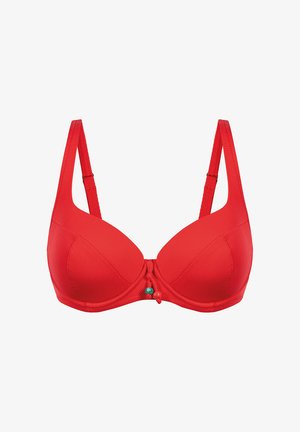 Czerwony, teksturowany top bikini z regulowanymi ramiączkami i małymi dekoracyjnymi koralikami związanymi na środku z przodu.