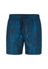 Zwemshorts voor heren in een donker marineblauwe kleur met een tropisch bladerenpatroon in teal, met een elastische tailleband en een verstelbaar trekkoord.