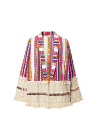 Poncho colorato con intricate fantasie multicolori, bordi frangiati e tessuto beige testurizzato. Design aperto davanti con accenti geometrici vivaci.