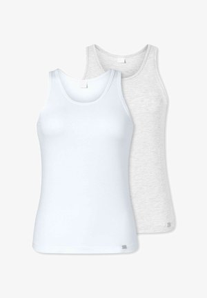 Deux débardeurs : l'un en blanc uni, l'autre en gris clair chiné. Ils sont fabriqués dans un tissu en mélange de coton doux et possèdent des bretelles étroites.