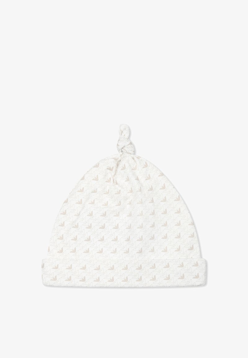 Geknoopte baby muts gemaakt van lichtgewicht witte stof, met een subtiel ton-sur-ton zigzagpatroon en een opgerolde rand aan de onderkant.