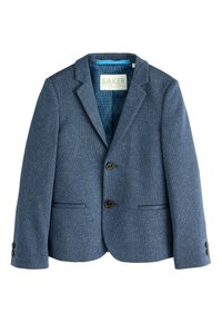 Námorně modrý blazer s texturovanou látkou, dvěma předními kapsami a dvěma knoflíky. Podšitý geometrickým vzorem ve světle modré barvě.