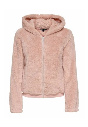 Różowa polarowa bluza z zamkiem, z miękką, teksturowaną powierzchnią, dopasowanymi mankietami i regulowanym kapturem. Posiada centralne zapięcie na zamek.
