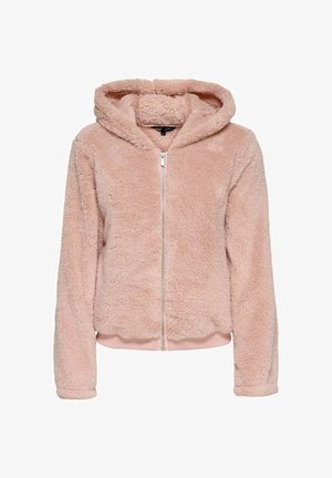 Růžová fleecová mikina na zip s měkkým, texturovaným povrchem, přiléhavými manžetami a nastavitelnou kapucí. Má střední zip.