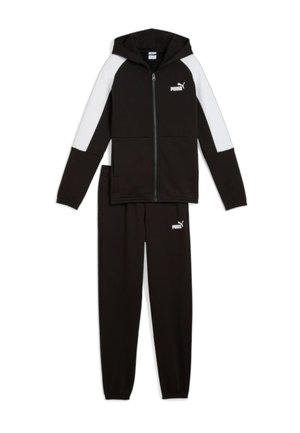 Set di tuta nera composto da una felpa con zip e dettagli bianchi e pantaloni abbinati. Realizzato in tessuto morbido, include dettagli con logo.