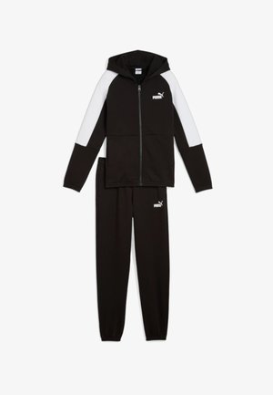 Set di tuta nera composto da una felpa con zip e dettagli bianchi e pantaloni abbinati. Realizzato in tessuto morbido, include dettagli con logo.