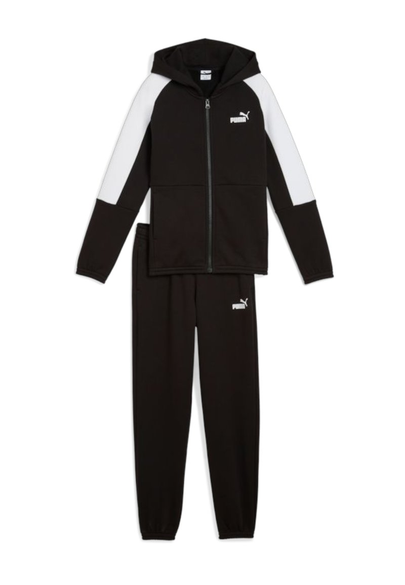 Set di tuta nera composto da una felpa con zip e dettagli bianchi e pantaloni abbinati. Realizzato in tessuto morbido, include dettagli con logo.