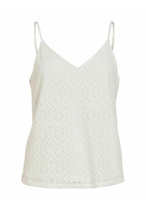 Valge varrukateta pitsiline kampsun reguleeritavate spagettrihmade ja peene teemantkujundusega lillemustriga.