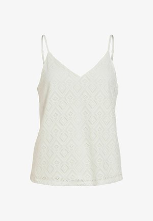 Valge varrukateta pitsiline kampsun reguleeritavate spagettrihmade ja peene teemantkujundusega lillemustriga.