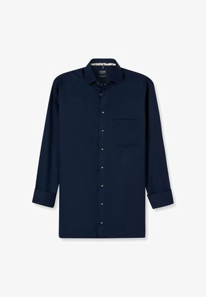 Dunkelblaues Herrenhemd mit langen Ärmeln, Knopfleiste, spitzem Kragen und einer Brusttasche auf der linken Seite.