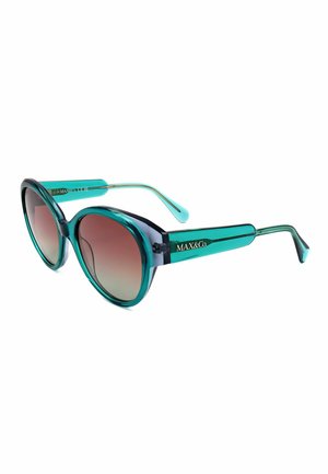 Occhiali da sole cat-eye turchesi con lenti marroni sfumate e logo dorato "MAX&Co." sulle aste, mostrati su sfondo bianco.