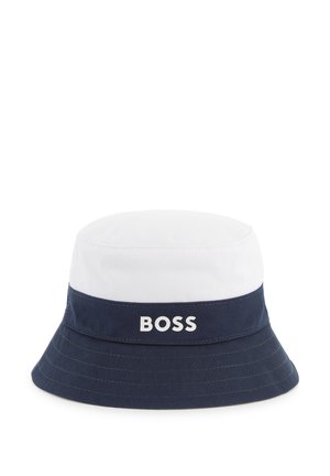 Navy and white bucket hat made of cotton, featuring a wide, downward-sloping brim and a white logo band with "BOSS" in bold lettering.