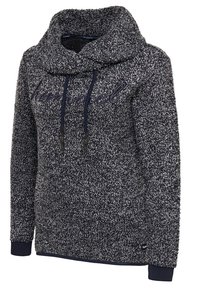 Tummaharmaa vetokaarrewetarihupullover, jossa on teksturoitu kangas, kaulus huppu, laivastonsiniset yksityiskohdat ja kirjailtu logo. Hihansuissa ja helmassa resorit.