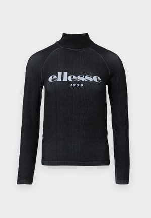 Čierny top s dlhými rukávmi a vysokým golierom, s bielou potlačou loga "ellesse 1959" na hrudi; hladký, elastický materiál.