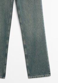 Denim jeans in a faded blue-green hue. Straight-leg design with subtle texture, visible stitching, and clean cut hem.