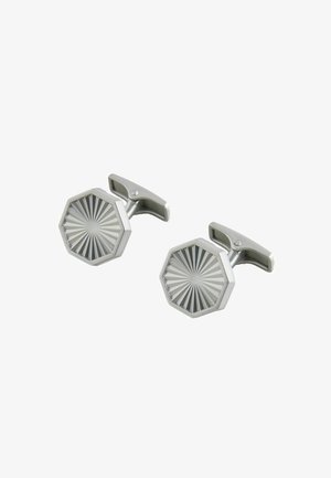 Pair of silver octagonal cufflinks with a sunburst pattern engraved on the surface, set against a white background.