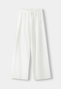 Bílé kalhoty s širokými nohavicemi z texturované látky, s elastickým pasem a šňůrkou na stažení. Hladká textura a volný střih.