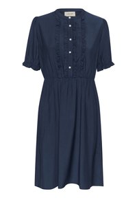 Abito blu navy in tessuto leggero, caratterizzato da maniche corte a balza, una parte frontale con bottoni simili a perle e una gonna a strati.