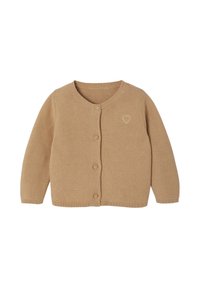 Beige gestrickte Strickjacke mit rundem Ausschnitt, vorderen Knöpfen und einem kleinen Herzdetail. Weiche Textur mit langen Ärmeln.