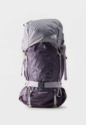 Purple and gray North Face Trail Lite 50 hiking backpack with adjustable straps and buckles, standing upright on a white background.