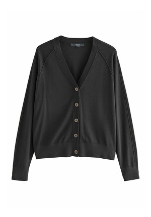 Schwarzer Cardigan mit tiefem V-Ausschnitt und Knopfschluss, versehen mit langen Ärmeln und gerippten Bündchen, vor einem weißen Hintergrund präsentiert.