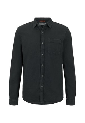 Czarna koszula na długi rękaw z guzikami, z kieszenią na piersi i kołnierzykiem, zapinana z przodu na zatrzaski.