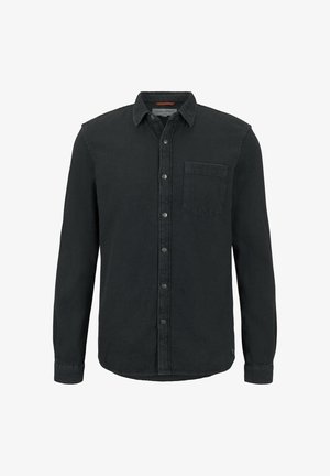 Zwarte overhemd met lange mouwen, borstzak aan de voorkant en kraag, voorzien van drukknopen aan de voorkant.