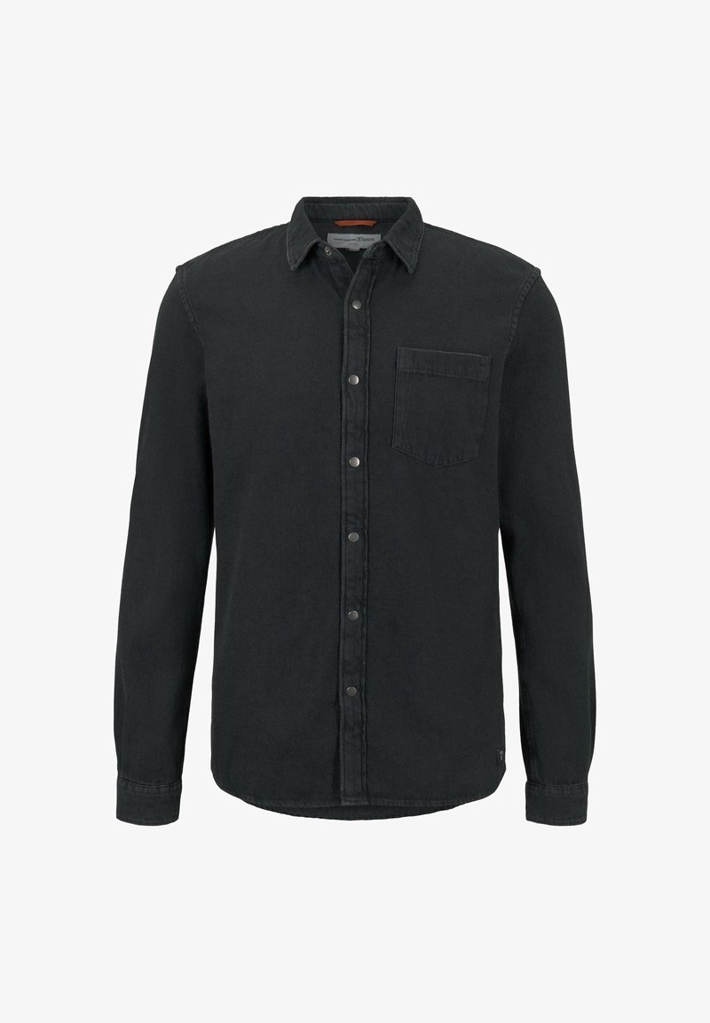 Chemise noire à manches longues avec poche poitrine avant et col, dotée de boutons-pression sur le devant.