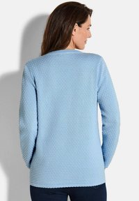 Helles bläuliches Sweatshirt mit einer weichen, gepunkteten Struktur, langen Ärmeln und einem gewellten Saum. Keine sichtbaren Beschläge oder Akzente.